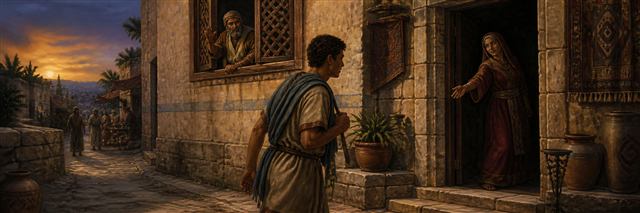 A naive young man walks at twilight toward a richly dressed tempter at a shadowed doorway