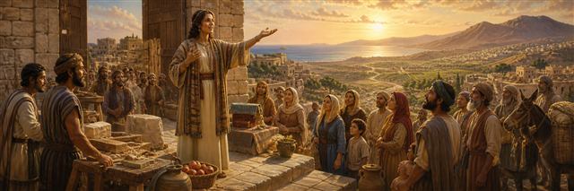 A dignified woman calls at an ancient city gate overlooking ordered mountains, fields, and sea