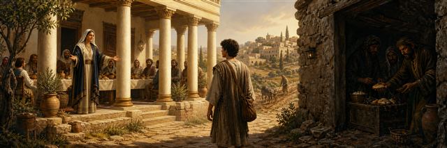 Travelers choose between a bright orderly feast and a loud shadowed banquet in an ancient town