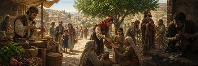 Merchants use honest scales while generous neighbors share food beneath a flourishing tree