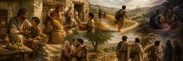 A family receives instruction near workers gathering gradual harvest and a tree bearing welcome fruit