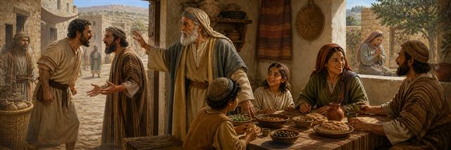 A family shares a simple meal while a gentle mediator calms an angry disagreement