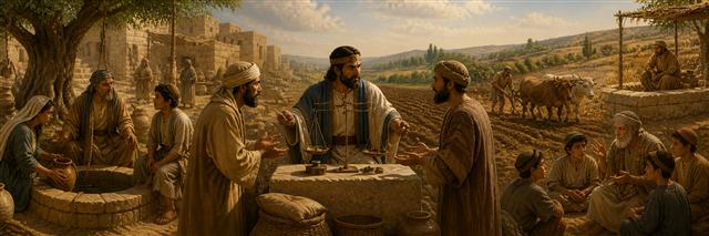A ruler weighs testimony beside honest market scales as farmers plow and draw from a deep well