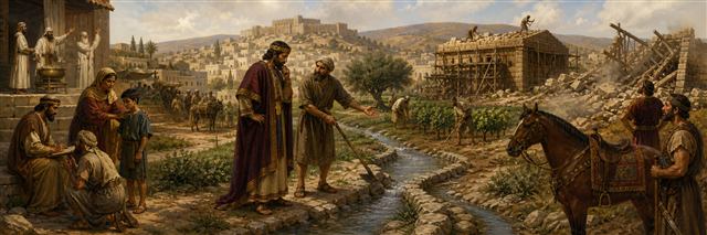 Water channels flow near a king hearing the poor, planners measuring grain, and a ready warhorse