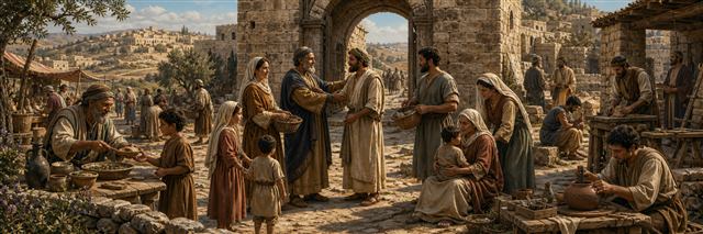 People of varied means gather as parents teach, neighbors give, and a skilled artisan presents fine work