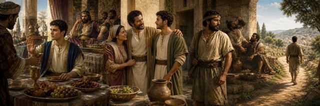 A young guest declines excess at a rich banquet as parents welcome him with joyful approval