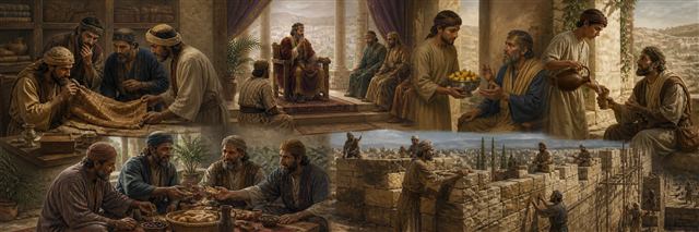 A humble adviser waits before a king while a messenger brings water and citizens repair a city wall
