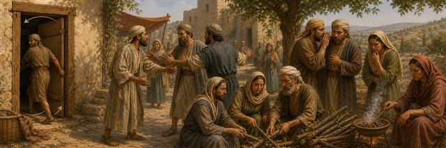 A lazy man lingers at a doorway while meddlers quarrel and whispered gossip feeds a nearby fire