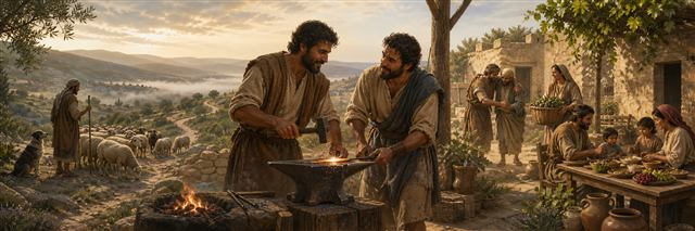 Two friends sharpen tools together while a shepherd carefully tends a flock near home