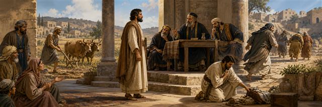A courageous citizen faces corrupt judges while a repentant person kneels beside returned possessions