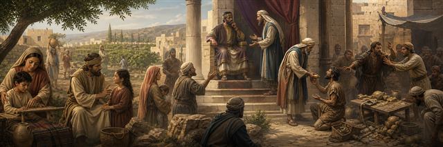 A just ruler listens to poor citizens as parents guide children and elders calm a public dispute