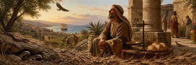 An elderly sage watches ants, a rock badger, an eagle, and a ship beside measured bread and scales