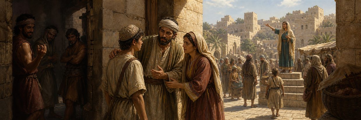 Parents counsel a young man while a wise woman calls out near a group plotting violence