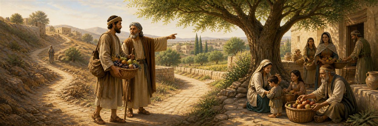 A traveler pauses at branching paths near offered first fruits and a flourishing tree