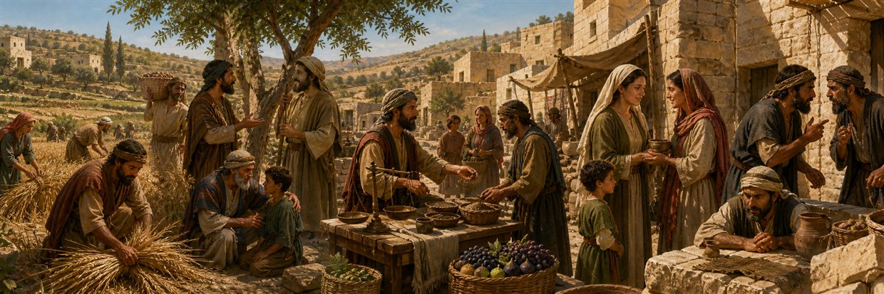 An ancient village contrasts diligent workers and honest scales with idle and quarrelsome neighbors