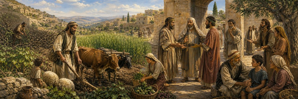 A diligent farmer cares for animals beside elders hearing calm and truthful witnesses