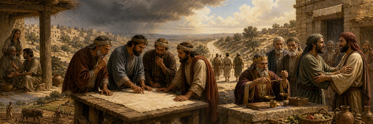 Ancient planners confer near balanced scales as a just ruler hears citizens and travelers walk peacefully