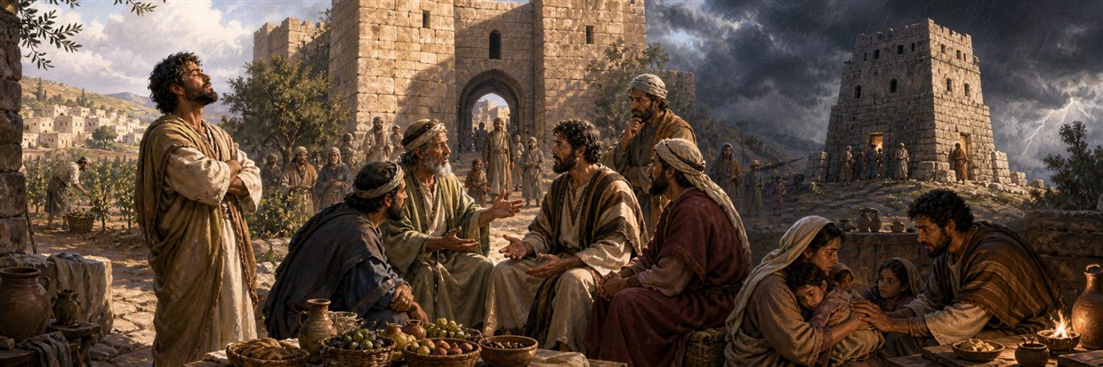 Neighbors listen beside a deep well while two friends reconcile near a fortified refuge tower