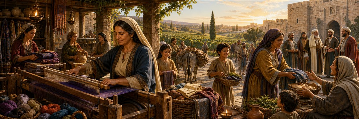 A respected woman weaves and oversees trade while helping the poor near her family, workers, vineyard, and city gate