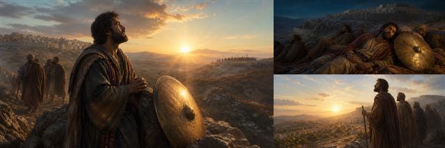 A weary fugitive king prays beside a shield as enemies gather on distant ridges