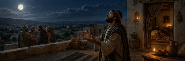 A man prays at night while a family sleeps peacefully inside a lamplit home