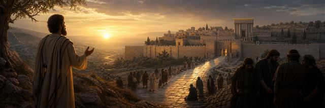 A worshiper prays at sunrise as pilgrims follow a bright path toward Jerusalem