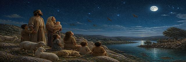 An ancient family with children and sheep gazes across a moonlit world full of creatures