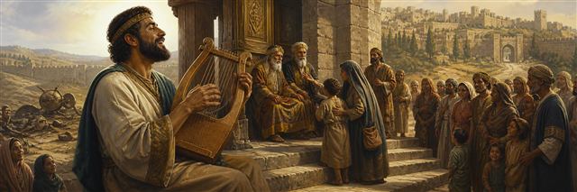 A musician praises while elders hear a widow and child at Jerusalem's gate