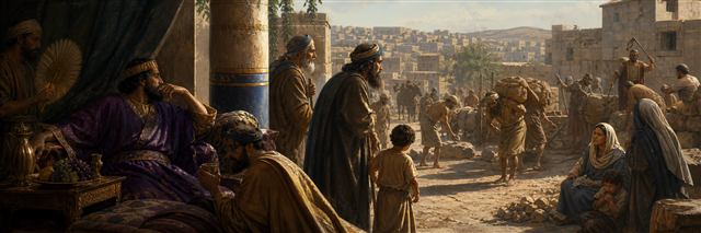 A wealthy ruler watches burdened laborers while a widow and child wait below