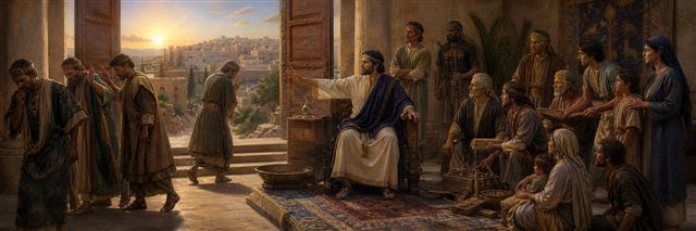 A ruler dismisses corrupt courtiers while honest workers and families gather in an open palace