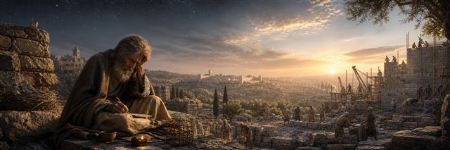 A frail exile sits among nesting birds and ruined stones while workers rebuild Jerusalem at dawn