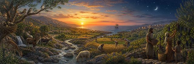 Mountain streams nourish animals, farms, vineyards, birds, and people beside a sea beneath sun, moon, and stars