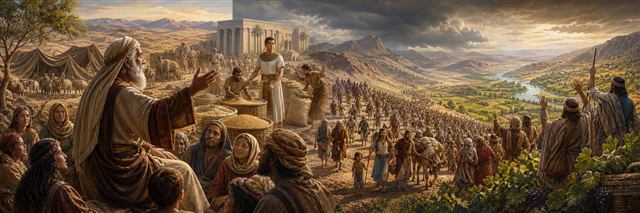 An elder teaches families as tents, Egyptian grain, departing travelers, and fertile land stretch behind him