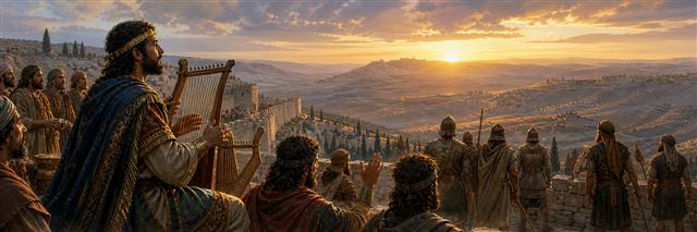 A royal musician plays at sunrise beside worshipers and soldiers overlooking distant fortified lands