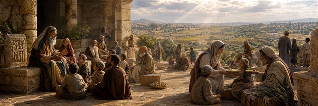 An elder teaches children in a sanctuary courtyard as families distribute food across fertile fields