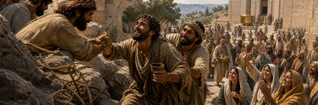 Friends pull a grateful man from a ravine as he carries a cup toward gathered sanctuary worshipers