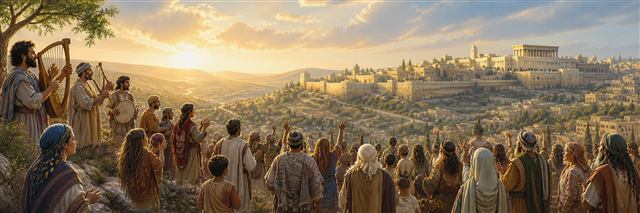 Travelers and families from diverse ancient nations worship together on a Jerusalem hillside