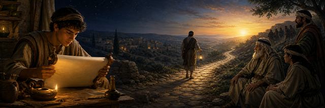 A young scribe studies a blank scroll as a traveler carries a lamp along one winding road toward dawn