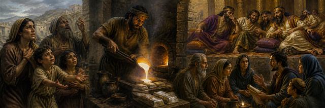 A worker pours refined silver while poor families cry out and courtiers whisper nearby