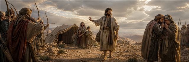 A peace-seeking man raises an open hand between armed desert archers and deceitful negotiators