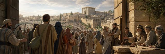 Joyful travelers enter Jerusalem as elders judge fairly at the gate and families greet one another