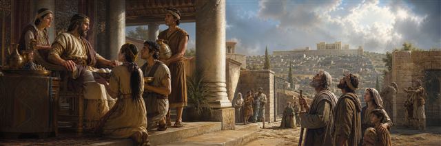 Servants watch their master's hands while weary pilgrims outside lift their eyes toward the sanctuary