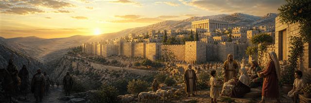 Jerusalem rests among encircling mountains as families flourish inside and shadowed rulers approach outside