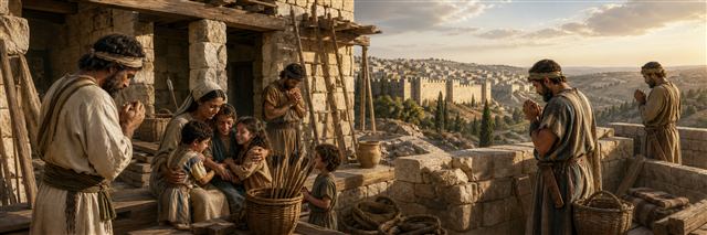 A family embraces children at a building site while workers and city watchmen pause to pray