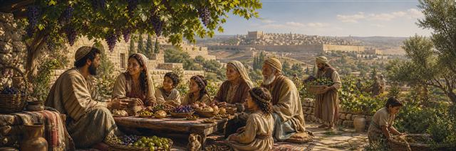 Three generations share a courtyard meal beneath grapes and olives overlooking peaceful Jerusalem