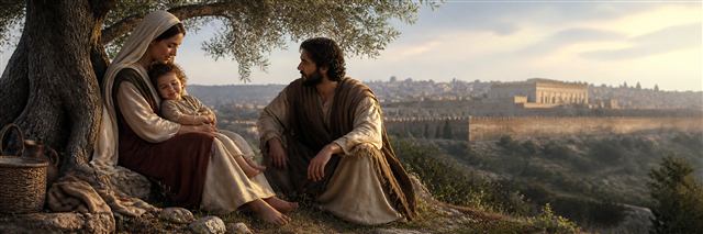 A peaceful toddler rests against his mother beneath an olive tree overlooking Jerusalem