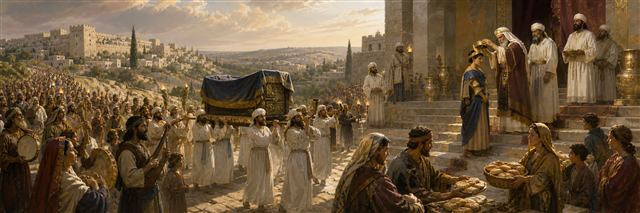 Priests carry the veiled ark toward Jerusalem as a king is crowned and families receive bread