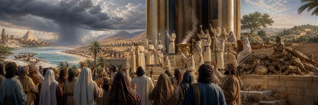 Worshipers praise near storm clouds, Egyptian memories, inherited land, and a heap of lifeless idols