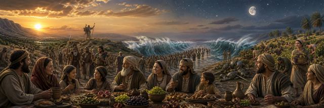 A communal feast overlooks sun, moon, parted waters, travelers, vineyards, and abandoned weapons