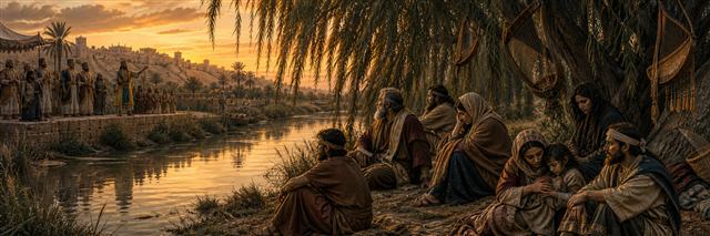 Judean families grieve beneath willows with unused harps while Babylonian officials request a song